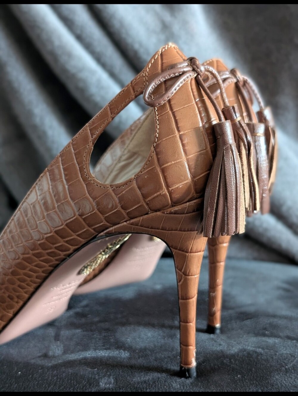 Women's Tan Croc-Embossed Tassel Stiletto Heels Aquazurra Cutout Brown